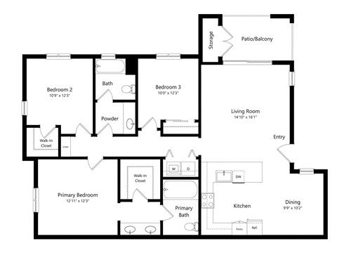 Floor plan for 3 beds, 2 baths, 1315 sqft
